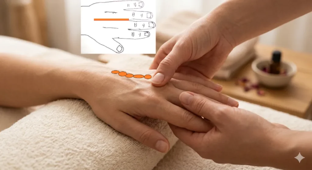 एक्यूप्रेशर थेरेपिस्ट का अंगूठा हाथ के पीछे की रिंग फिंगर और मिडिल फिंगर के बीच कमर के पॉइंट पर दबाव डालते हुए।