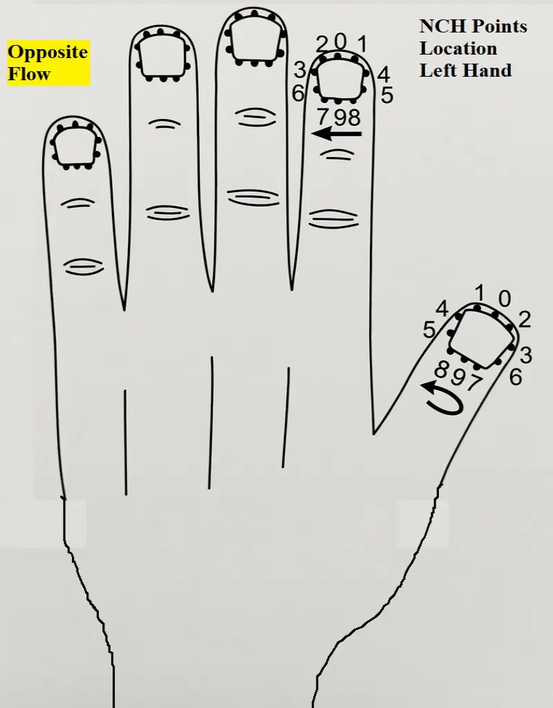 Left hand nail chakra points diagram showing NCH point locations and energy opposite flow directions