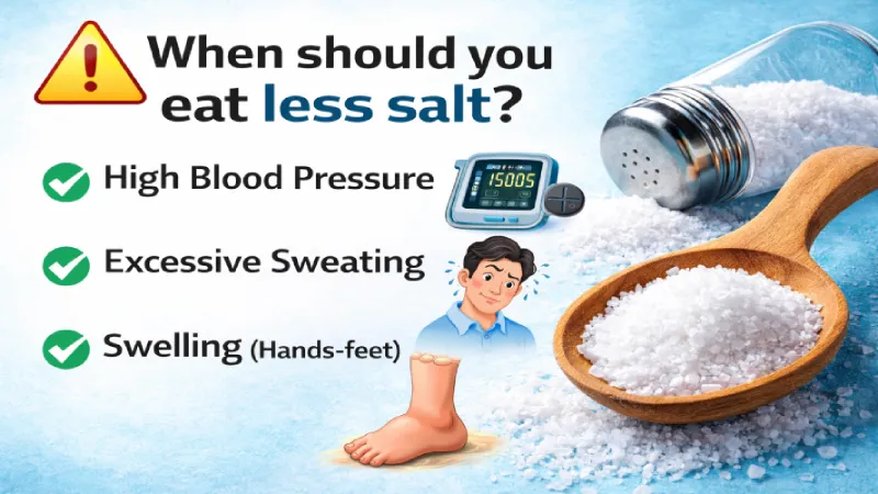 Signs to reduce salt intake including high blood pressure, kidney issues, and water retention in the body