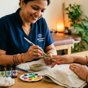 A practitioner applying nail chakra therapy treatment on a client's fingernail, showing therapy bottles and a color palette.